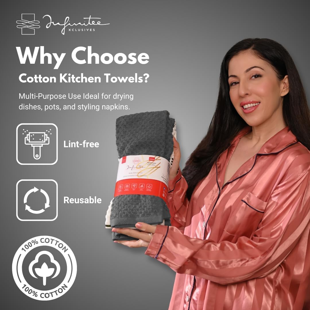 Infinitee Xclusives 100% Cotton Kitchen Towels - 15x25 Inch Ultra Soft Tea Towel, Super Absorbent Terry Dish Towels for Kitchen Linens |Grey|