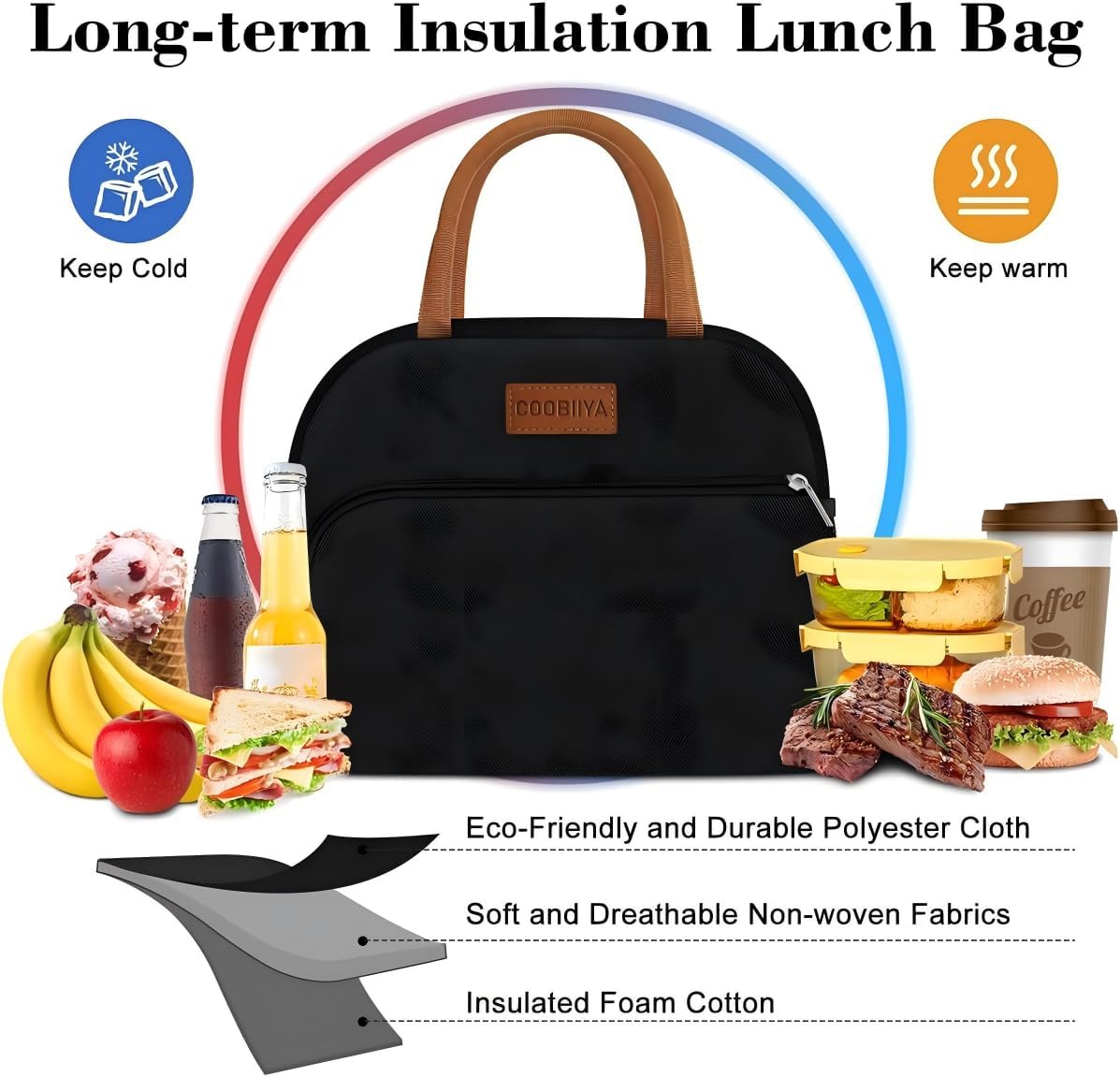 Coobiiya Lunch Box Lunch Bag for Women Men,Reusable Cute Lunch Pail bag,Leakproof,Insulated LunchBox Tote Compact 10L, Cooler Lunch Container for Work Travel Office (Black)