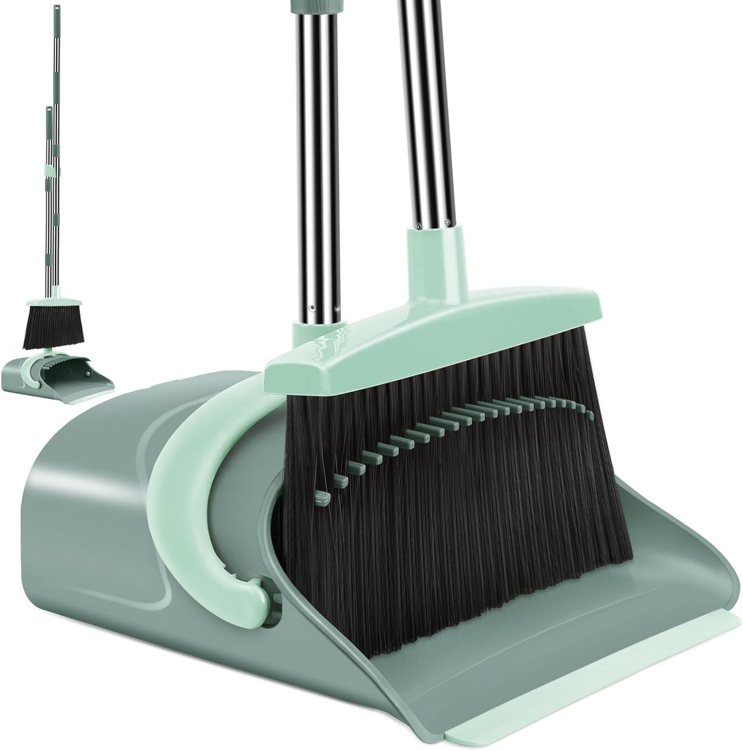 Broom and Dustpan Set for Home, Dust pan with Long Handle, Broom with Dustpan Combo Set, for Home Kitchen Room Office Lobby Floor Use Upright Stand Up Sweeping (Gray&Green)
