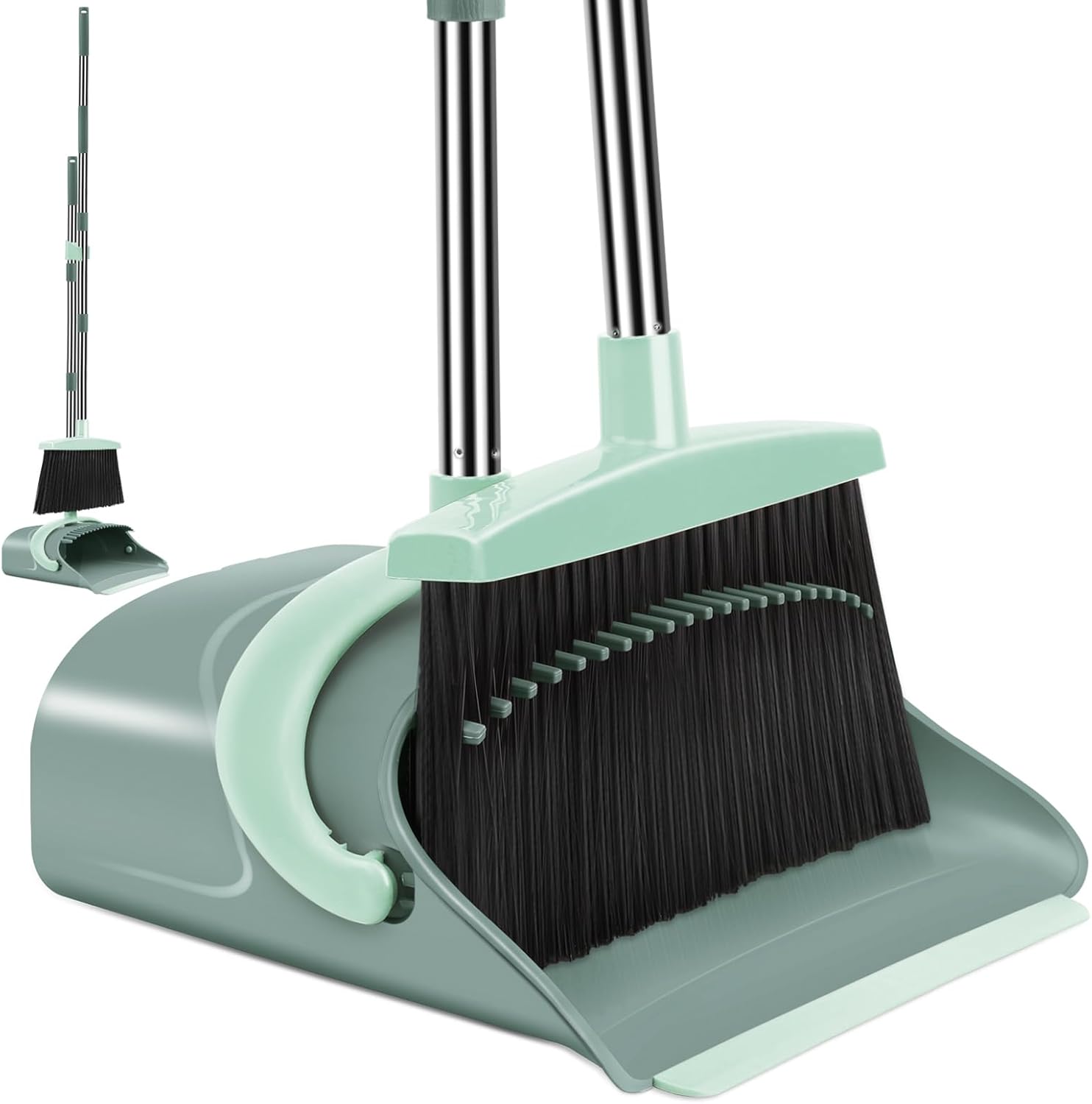 Broom and Dustpan Set for Home, Dust pan with Long Handle, Broom with Dustpan Combo Set, for Home Kitchen Room Office Lobby Floor Use Upright Stand Up Sweeping (Gray&Green)