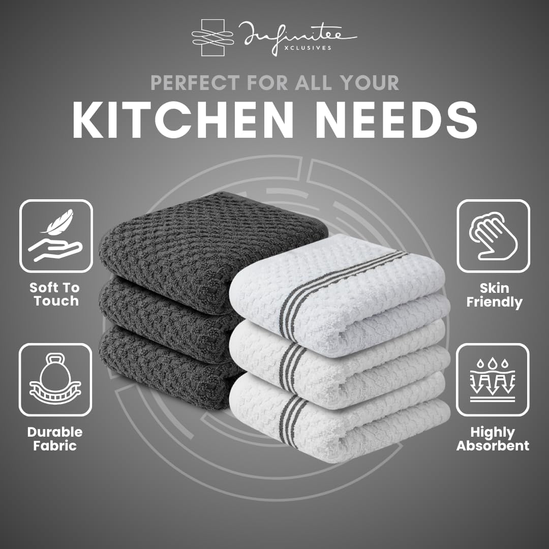 Infinitee Xclusives 100% Cotton Kitchen Towels - 15x25 Inch Ultra Soft Tea Towel, Super Absorbent Terry Dish Towels for Kitchen Linens |Grey|