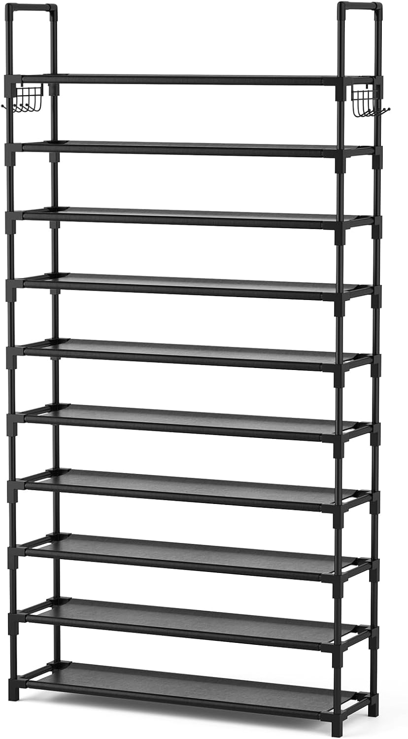VTRIN 10 Tier Shoe Rack Tall Large Capacity 50 Pair Wide Shoe Organizer with Two Hooks Sturdy Metal Shoe Shelf for Entryway, Closet, Bedroom
