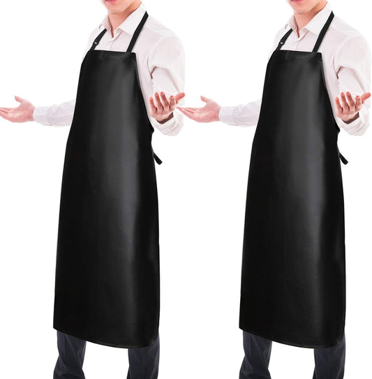 2 Pack Waterproof Rubber Vinyl Apron 40 Inch Chef Aprons for Men Heavy Duty Chemical Work Apron Extra Long Grilling Aprons with Adjustable Bib Apron for Dishwashing Lab Butcher Cooking Kitchen Black