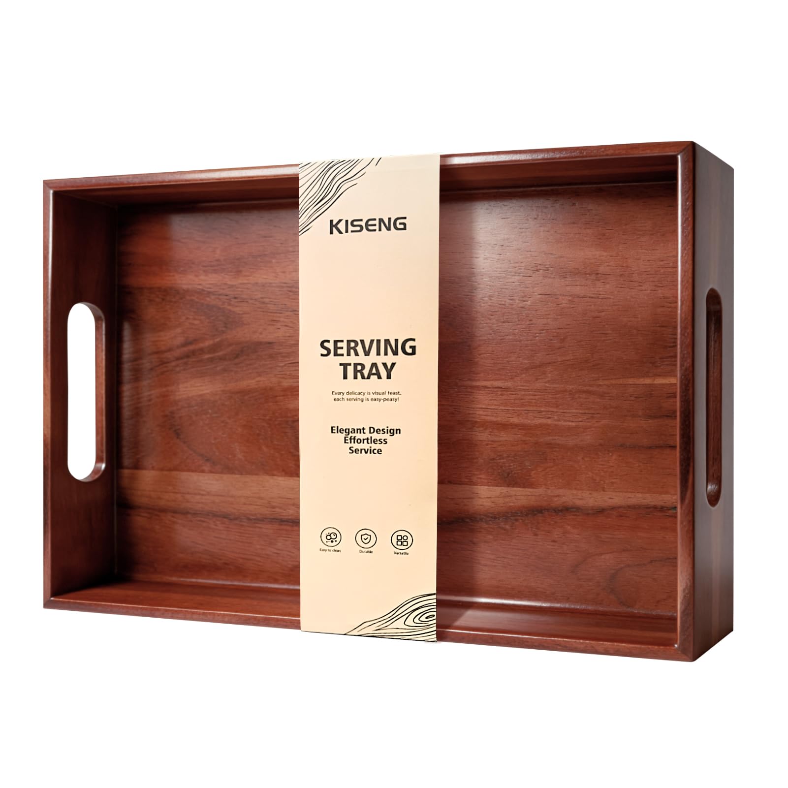 Acacia Wood Serving Tray with Handles, 17 x 12 Inch Large Wooden Tray for Food & Drinks, Coffee Table, Ottoman, Breakfast in Bed – Includes Free Leather Mat