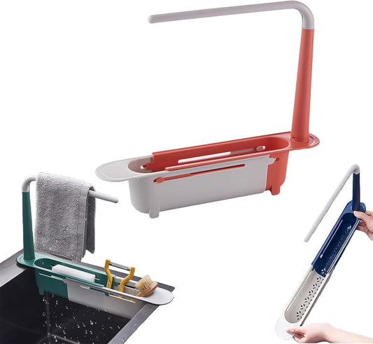 Telescopic Sink Storage Rack, 2026 Upgraded 2-in-1 Adjustable Drainer with Sponge Holder, Expandable Kitchen Sink Organizer with Dishcloth Hanger and Bracket, Kitchen Sink Gadgets (Red)