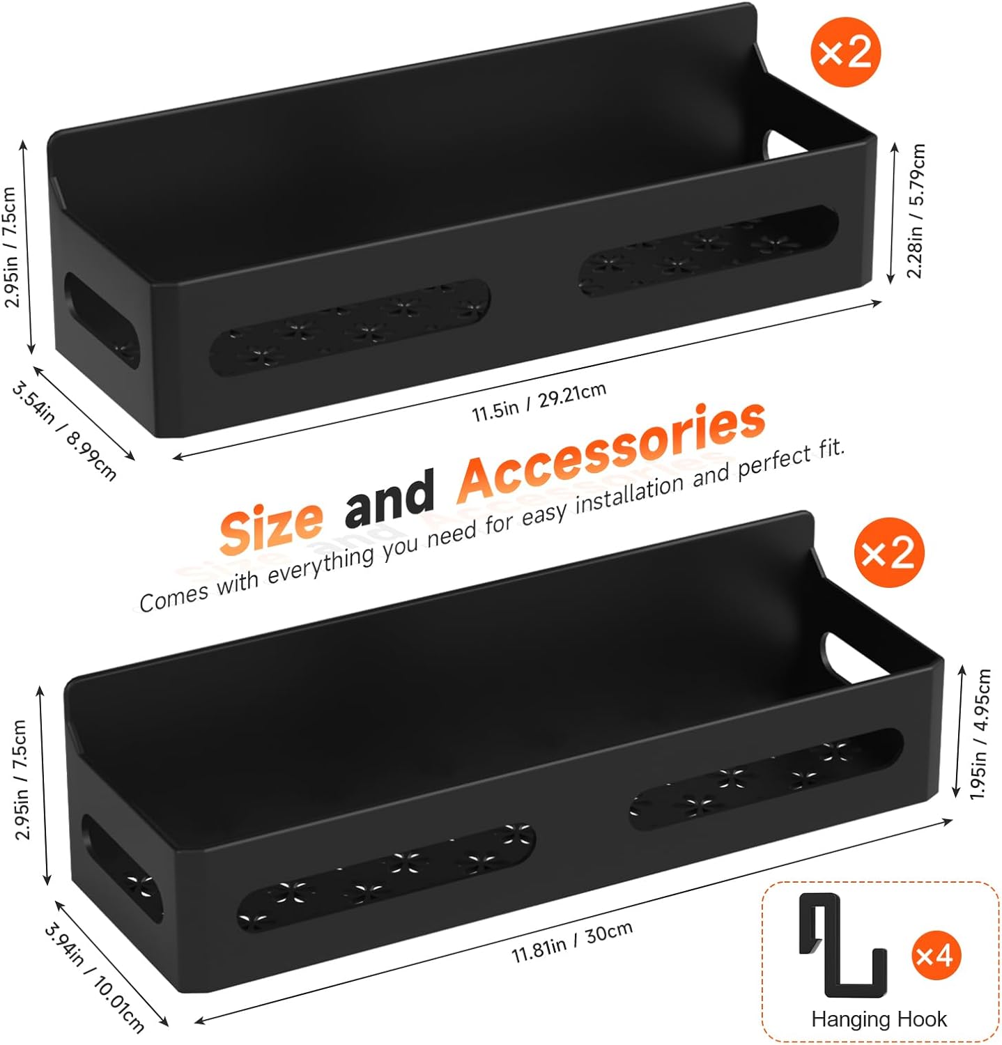 4 Pack Strong Magnetic Spice Rack for Refrigerator, Multipurpose Magnetic Shelf for Fridge with 4 Hooks for kitchen and Bathroom Organization, Black