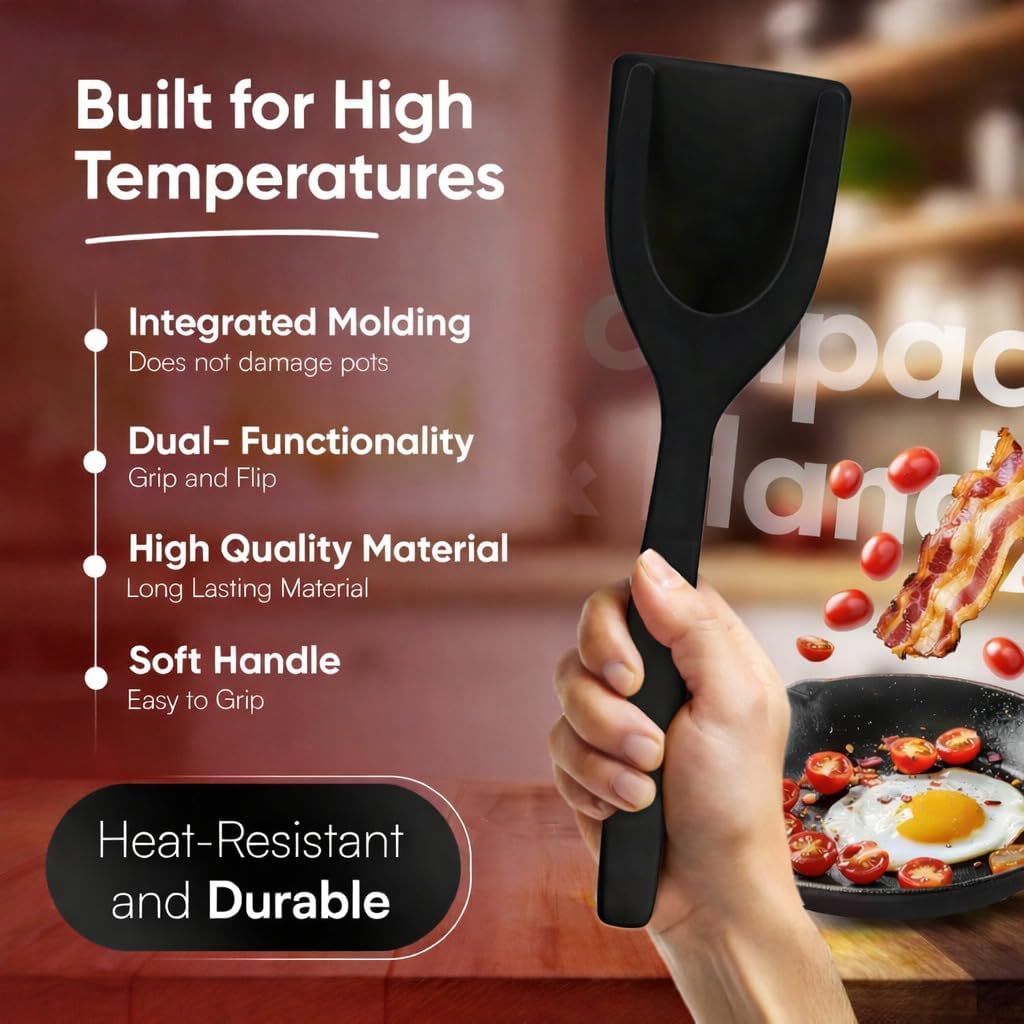 ZONZEST Egg Flipper Spatula Tongs (Set of 2) – Non-Stick 2-in-1 Grip & Flip Kitchen Tongs for Pancakes, Fish, Eggs, and More – Heat Resistant Cooking Tool (Black)