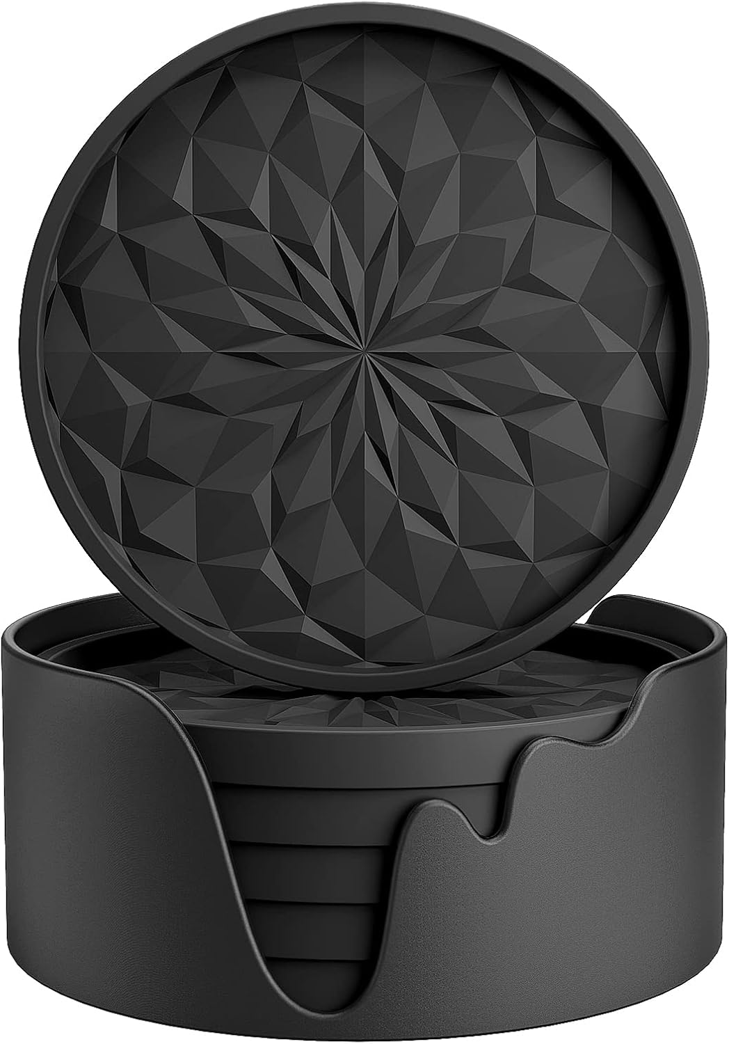 ME.FAN Silicone Coasters with Holder,[6 Pack] Drinking Coasters - Cup Mat for Hot or Cold Drinks, Thickened, Non-Slip, Non-Stick,Deep Tray Black