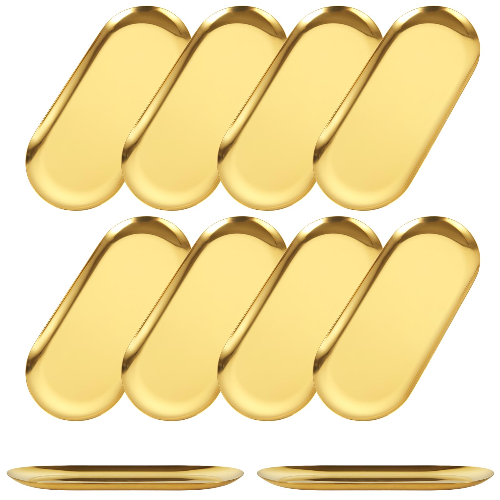 AKOLAFE 10PCS Stainless Steel Serving Tray Set Gold Platters for Serving Food Extra Small Metal Trays Decorative 7" Long Plate Oval Storage Trays Thickened Serving Dishes for Party Buffet Sushi Snack