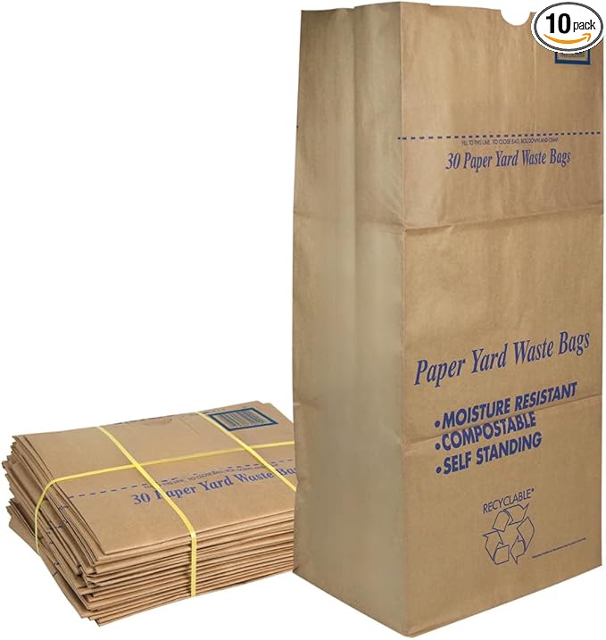 30 Gallon Lawn & Leaf 2-Ply Heavy-Duty Yard Waste Compost Refuse Paper Bags, Eco-Friendly, Tear Resistant, Self Standing, Biodegredable, Made in USA, 10 Count