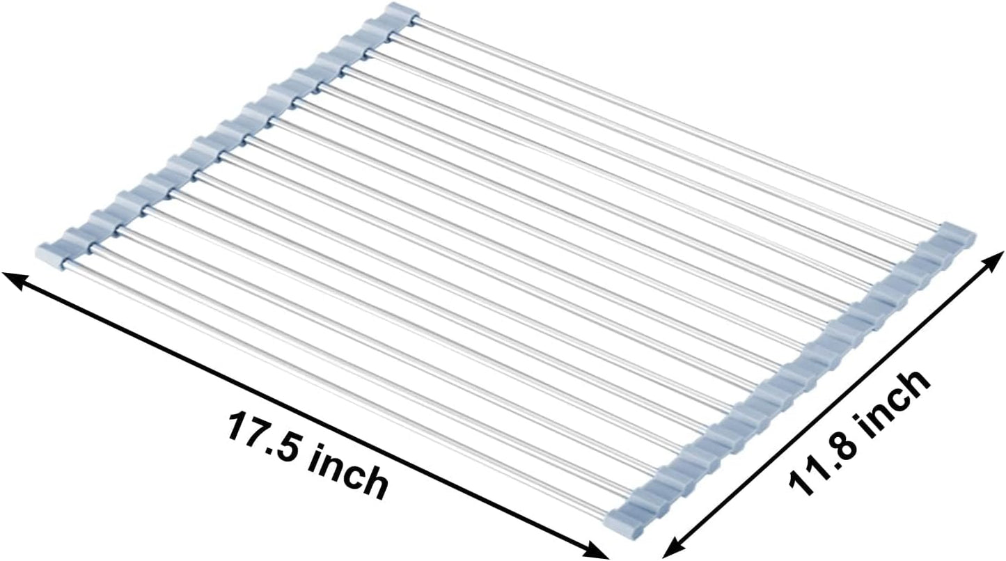 MECHEER Over The Sink Dish Drying Rack, Roll Up Dish Drying Rack Kitchen Dish Rack Stainless Steel Sink Drying Rack, Foldable Dish Drainer, 17.5''x11.8''