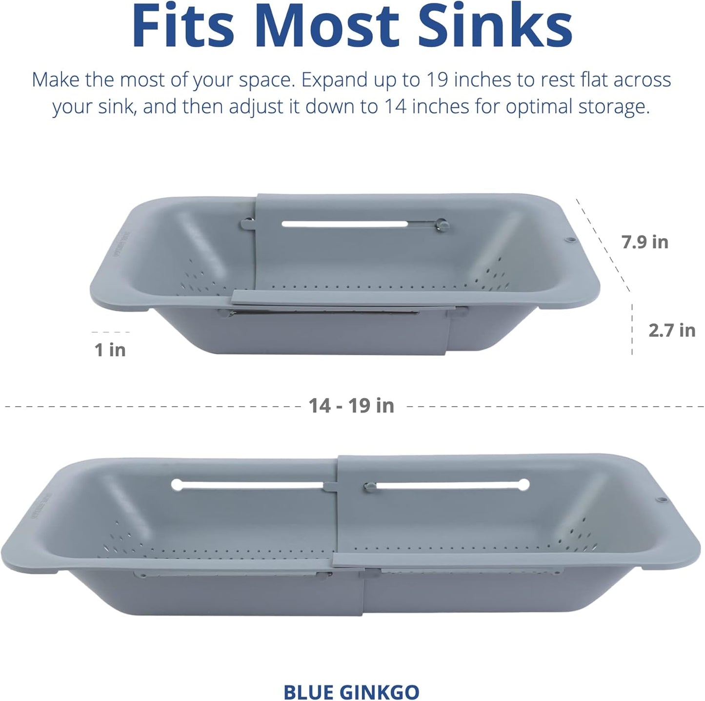 BLUE GINKGO Over the Sink Colander Strainer Basket - Wash Vegetables and Fruits, Drain Cooked Pasta and Dry Dishes - Extendable - New Home Kitchen Essentials (Grey, 1 Pack)