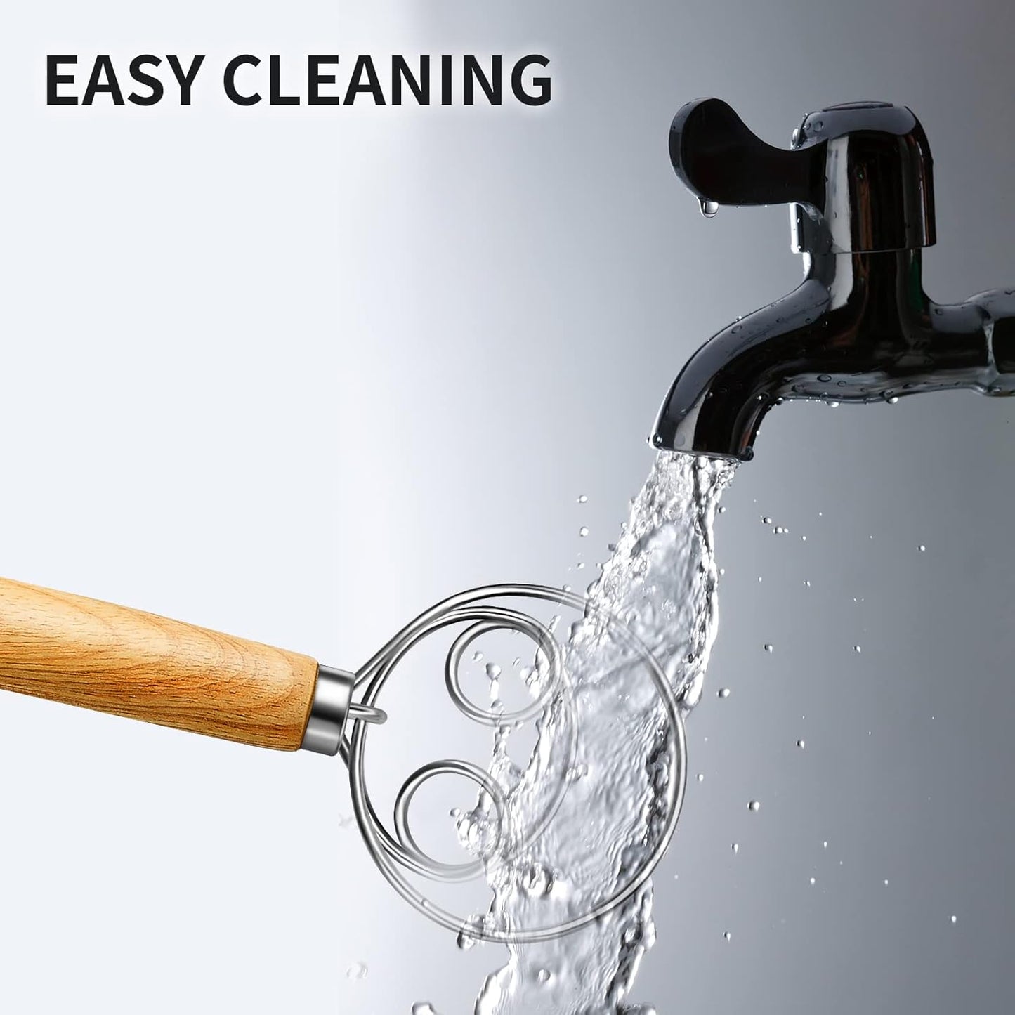 TEEVEA Danish Dough Whisk Stainless Steel Dough Hook Dutch Whisk for Sourdough Bread Dough Mixer Hand Wooden Handle Kitchen Whisking Mixing Tool Bread Making Tools and Supplies