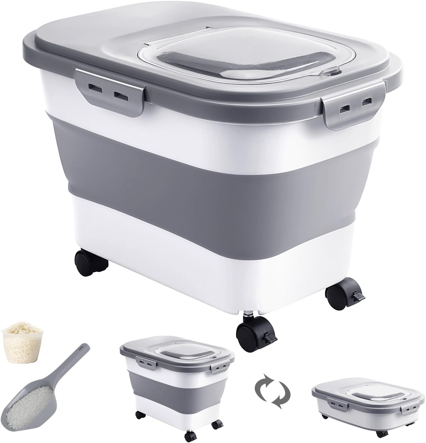 20-30 Lbs Rice Storage Container,Collapsible Food Storage Containers with Rolling Wheel Airtight Locking Lid,Flour Storage Container with Cup and Scoop,Suitable for Food,Rice,Pet Food,Flour