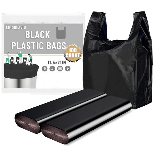LimonLaviu Black Plastic Grocery Bags, 100 Pack, 11.5'x 6.5" x 21', 22 Pound Capacity, Heavy Duty, Unscented