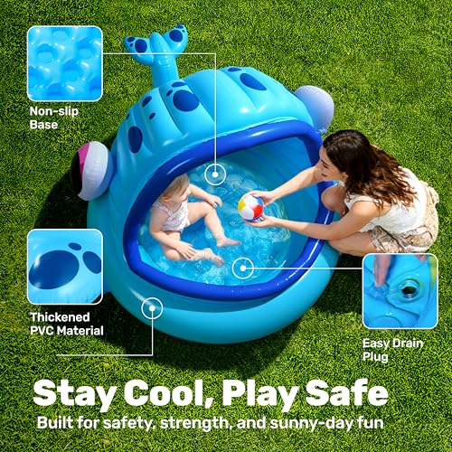 JOYIN Inflatable Shade Kiddie Pool,Whale Baby Pool Tent, Infant Swimming Pool for Kids （54" x 56" x 28"）,Blow Up Toddler Pool for Swim Party Toys Summer Water Beach Fun