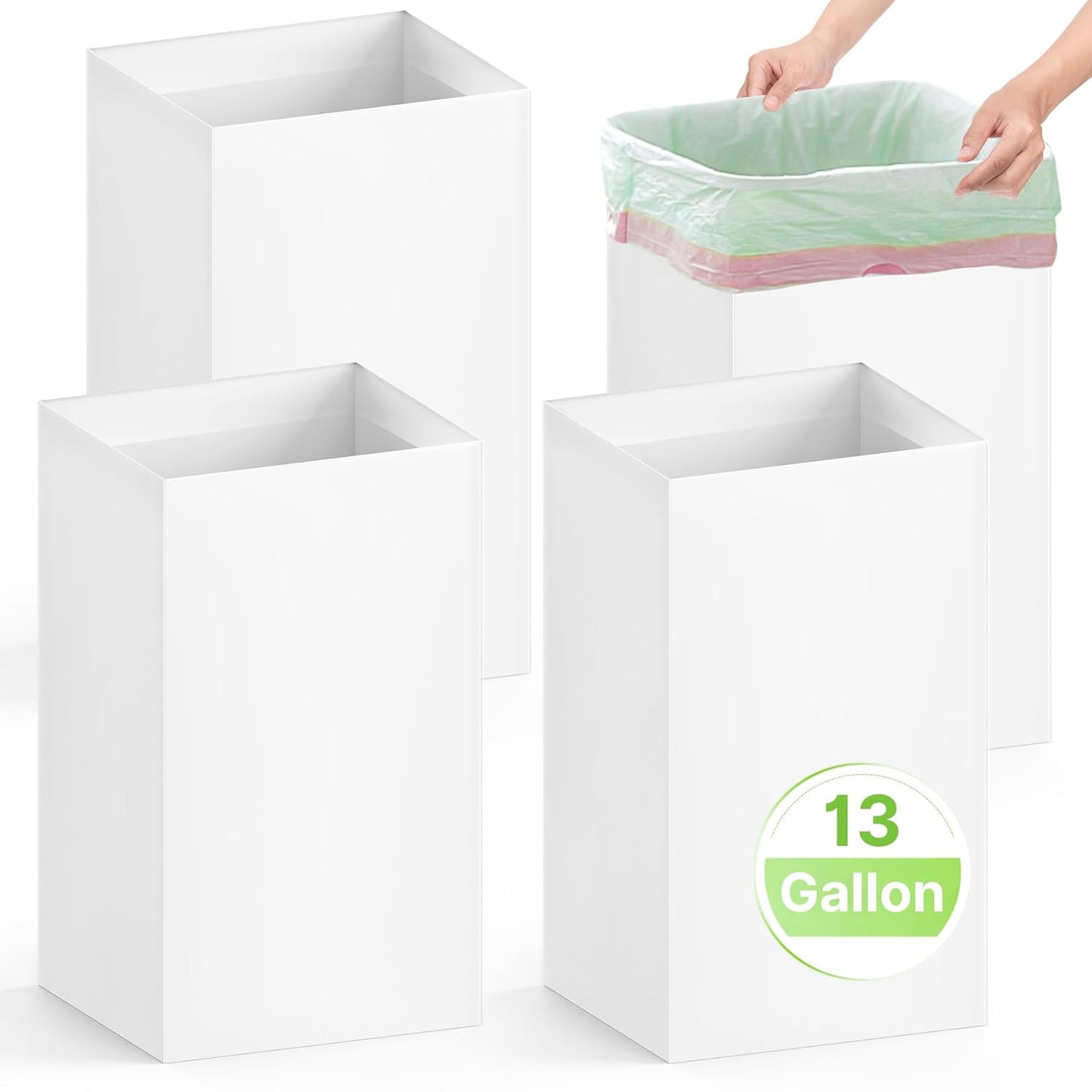 4 Pack Extra Large Disposable Trash Cans, Reusable Portable Garbage Can, 13 Gallon (21.6" H x 13.5" W x 10" D), Extra Thick Recycled Cardboard Portable Garbage Can and Recycling Bins,White