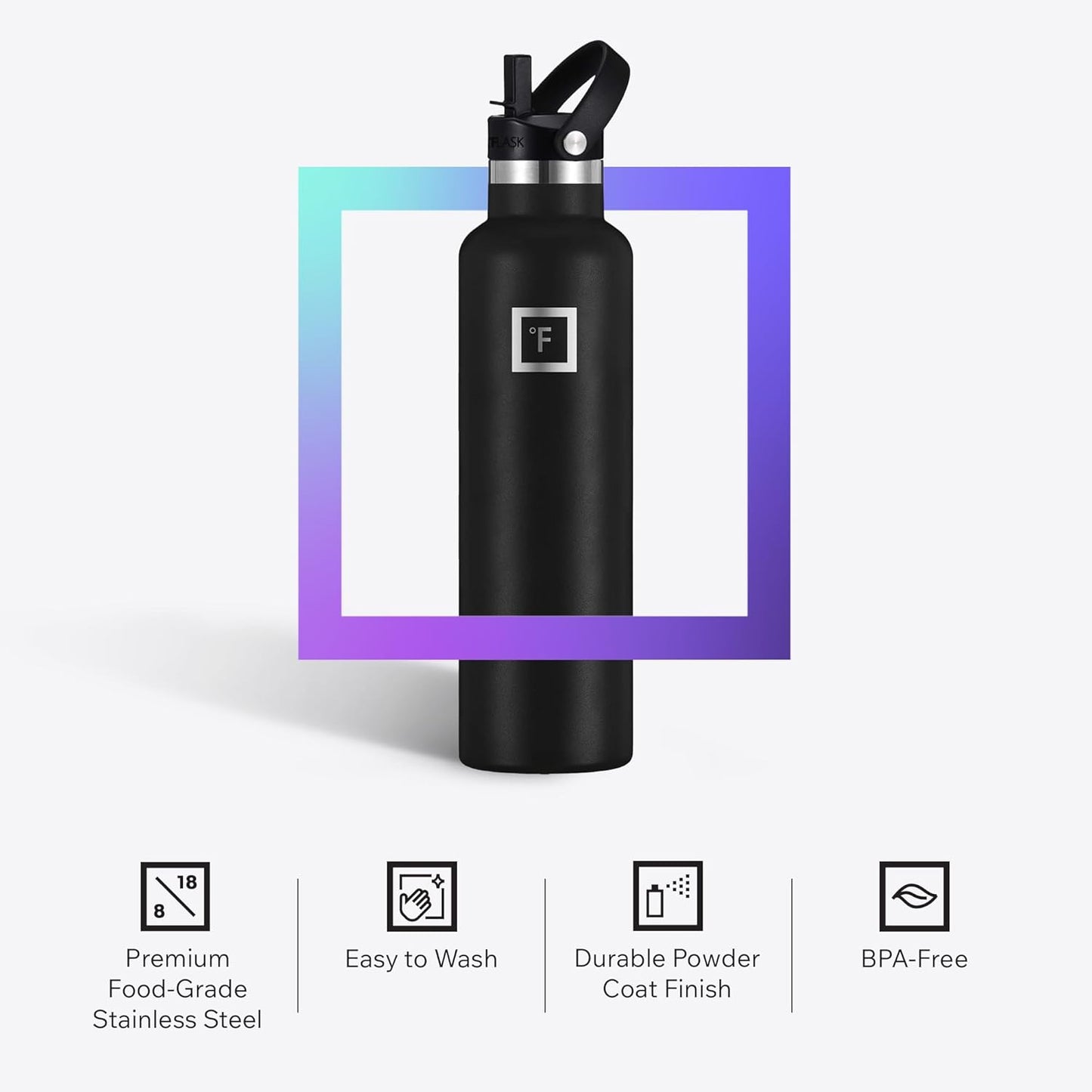 IRON °FLASK Camping & Hiking Hydration Flask with Straw, BPA-Free Insulated Stainless Steel Sports Water Bottle - 24 oz Midnight Black