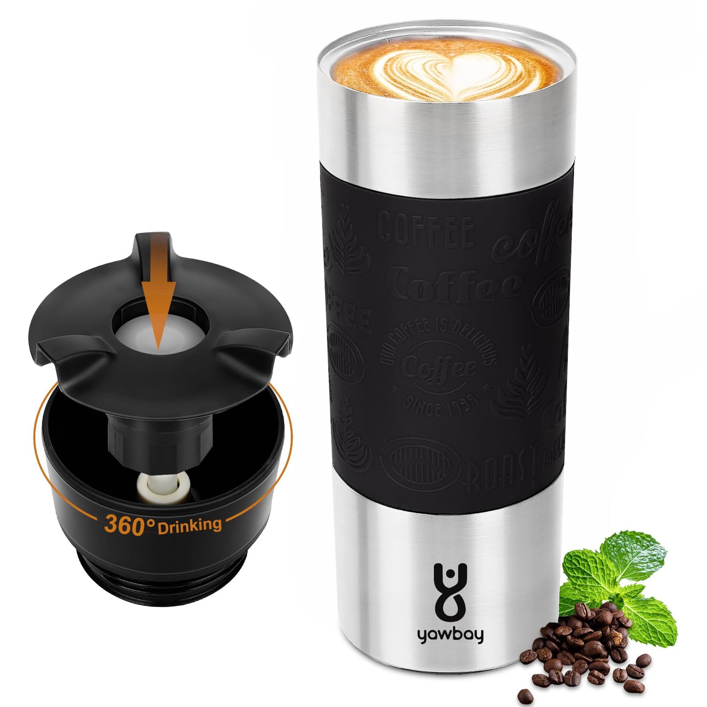 Travel Coffee Mug with 360°Lid, Travel Coffee Tumbler 16 oz Leak Proof, Stainless Steel Insulated Travel Mugs for Hot and Cold Spill Proof Leak Proof(Black)