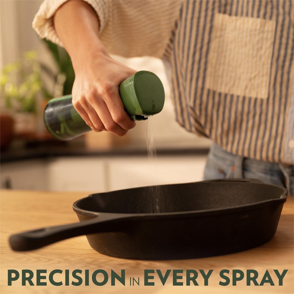 FLAIROSOL OLIVIA Oil Sprayer for Cooking, 200ml Glass Olive Oil Sprayer, Continuous Cooking Spray with Portion Control, Oil Dispenser for Kitchen, Air Fryer, Salad, BBQ (Green Bottle, Gold Print)