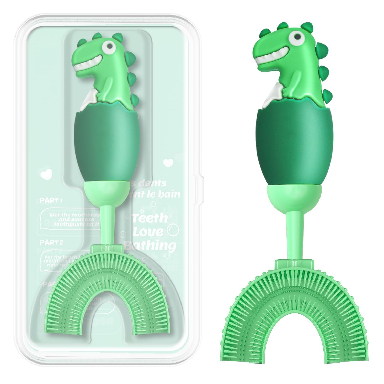 U-Shaped Toothbrush for Kids Ages 2-7, Soft Food-Grade Silicone for Sensitive Gums, 360° Teeth Cleaning Design, Training & Travel-Friendly Toddlers' Toothbrush (Green)