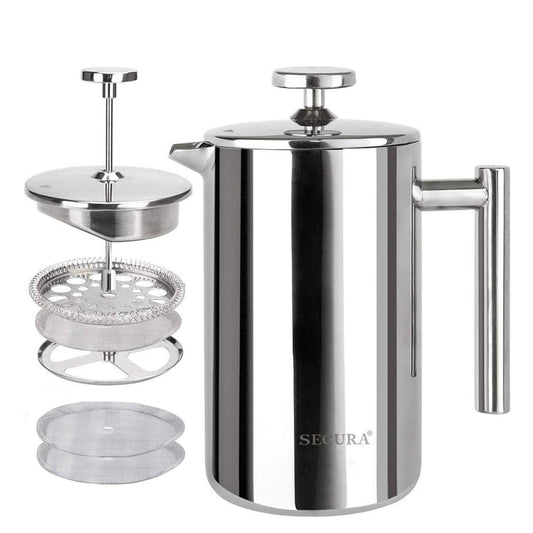 Secura French Press Coffee Maker, 304 Grade Stainless Steel Insulated Coffee Press with 2 Extra Screens, 12oz (0.35 Litre), Silver