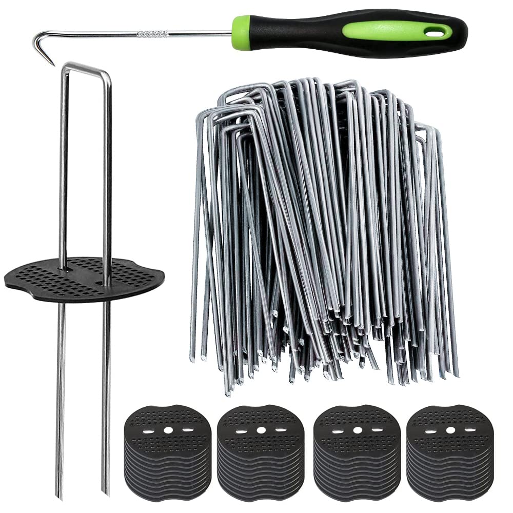 50Pcs Garden Stakes Staples + 50Pcs Gasket, Bakulyor 6 Inch Lawn Landscape Staples 11 Gauge U Shaped Galvanized Landscape Pins, Heavy Duty Yard Ground Pin for Weed Barrier Sod Fabric Decorations - 6"