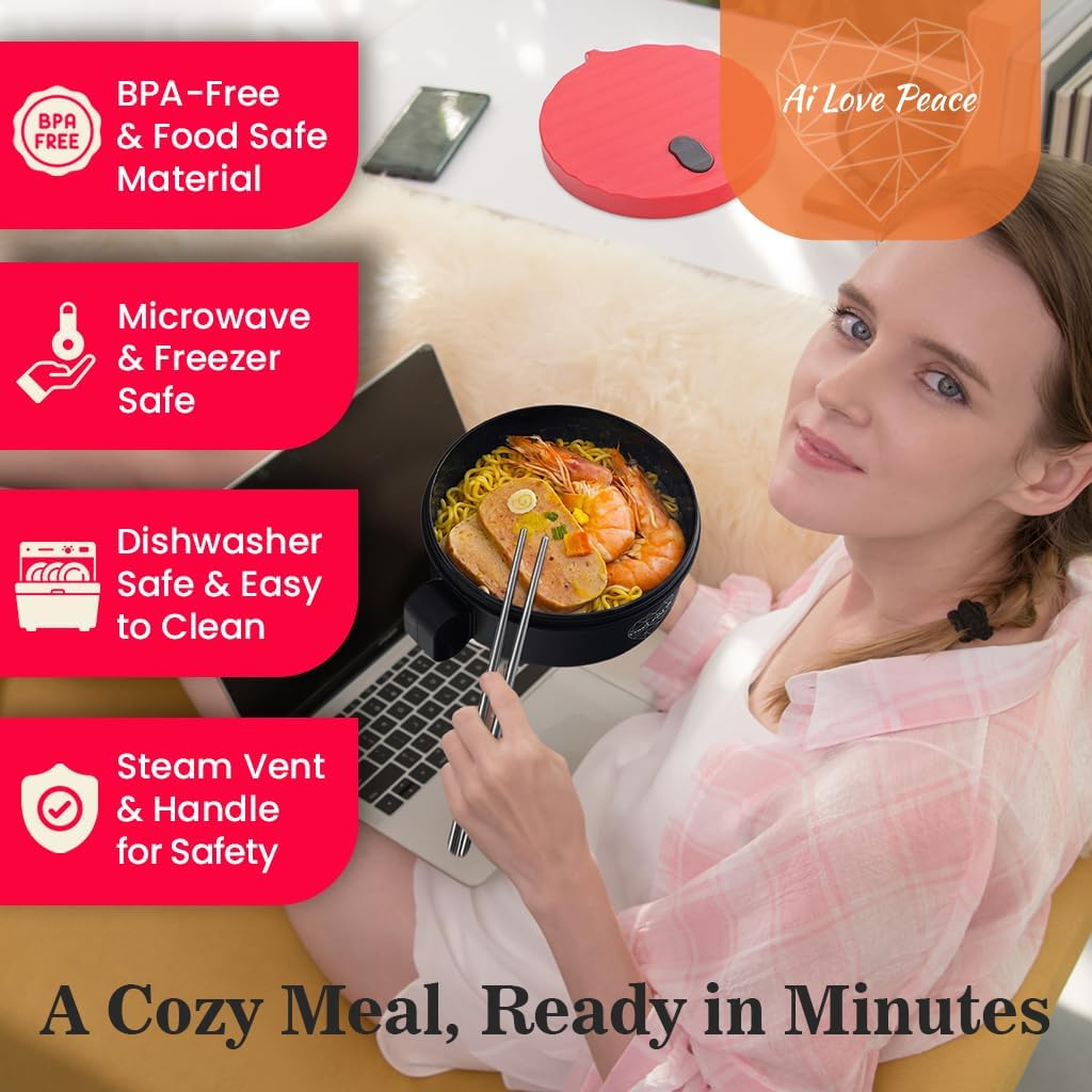 AI LOVE PEACE Microwaveable Ramen Noodle Bowl Cooker 40oz for Ramen, Rice, Pho, Soup, and Pasta, Dishwasher Safe and Portable, Ideal for Home, Office, Dorm, or Gift (Red)
