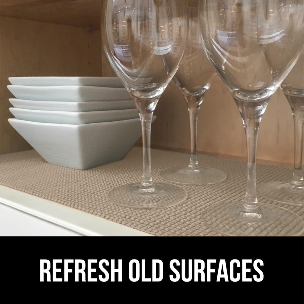 GORILLA GRIP powerGRIP Drawer Shelf and Cabinet Liner, Thick Strong Hold, Non-Adhesive Liners Protect Kitchen Cabinets and Cupboard, Bathroom Drawers, Easy Install, Breathable Mat, 12" x20', Beige