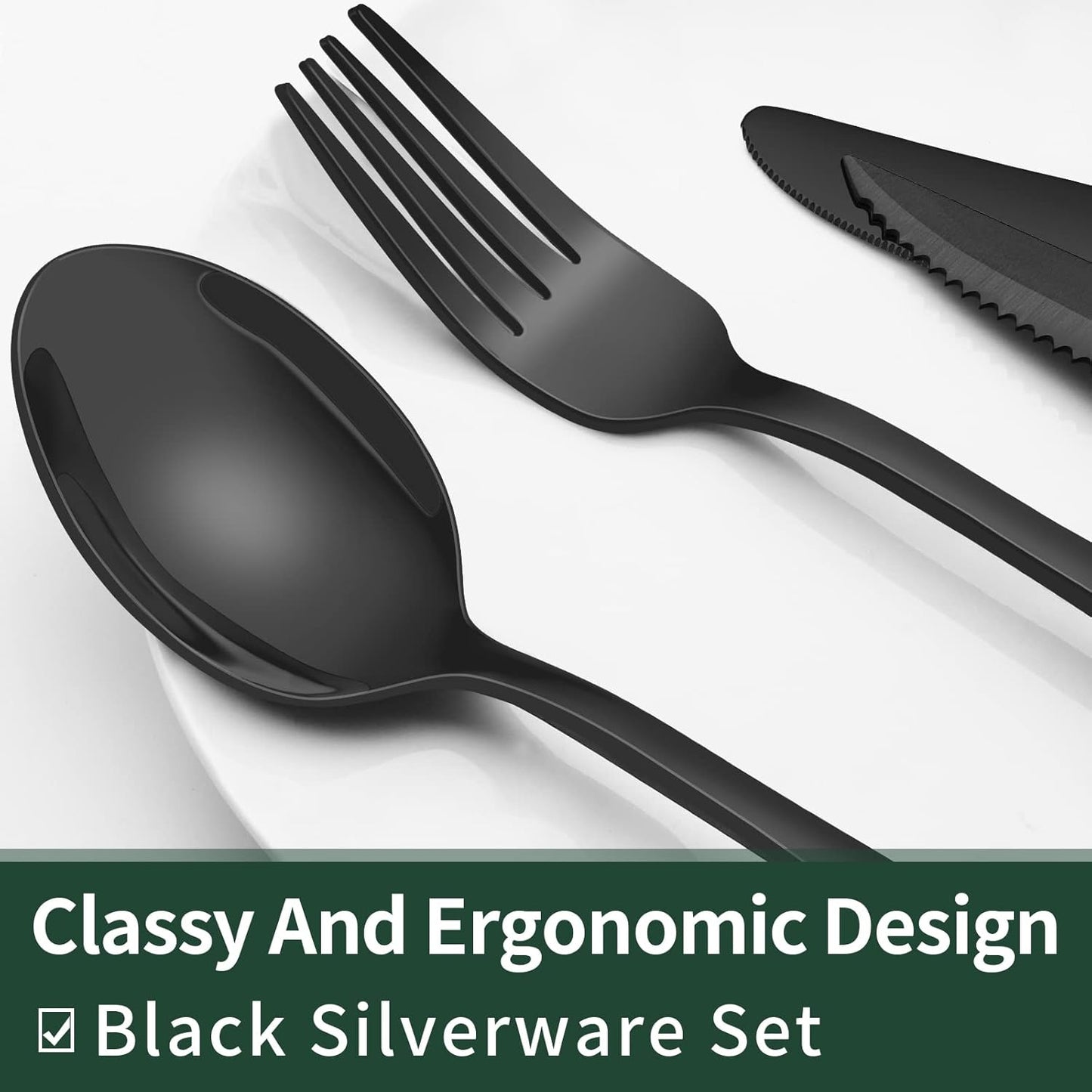 EWFEN 24-Piece Black Silverware Set with Steak Knives, Black Flatware Set for 4, Food-Grade Stainless Steel Tableware Cutlery Set, Mirror Finished Utensil Sets for Home Restaurant, Round Edge