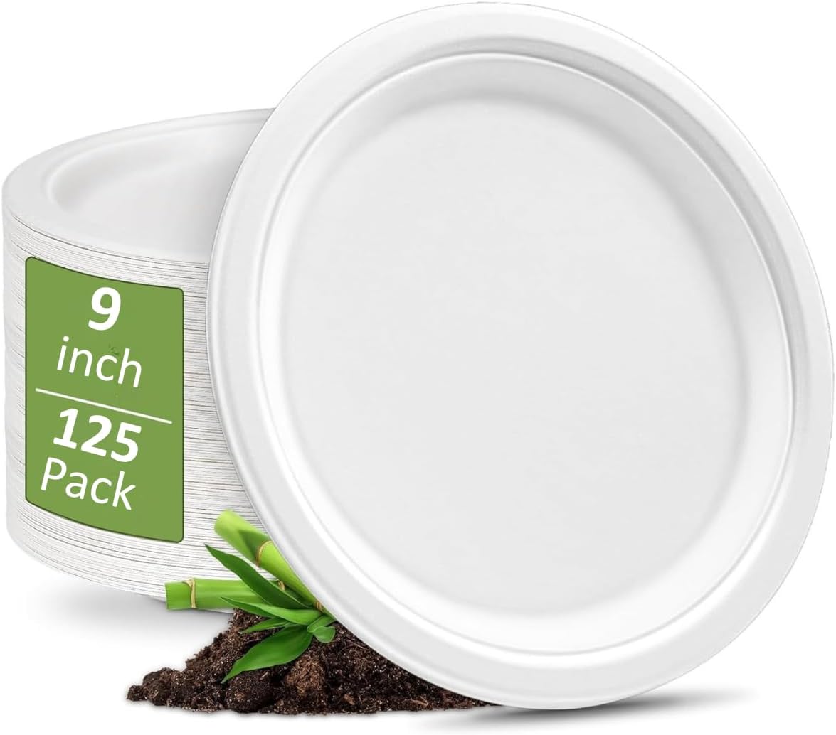 9-Inch Compostable Paper Plates, 125 Count | 100% Biodegradable Bagasse, Strong & Durable, Microwave-Safe, Soak-Proof for BBQs, Parties & Everyday Meals