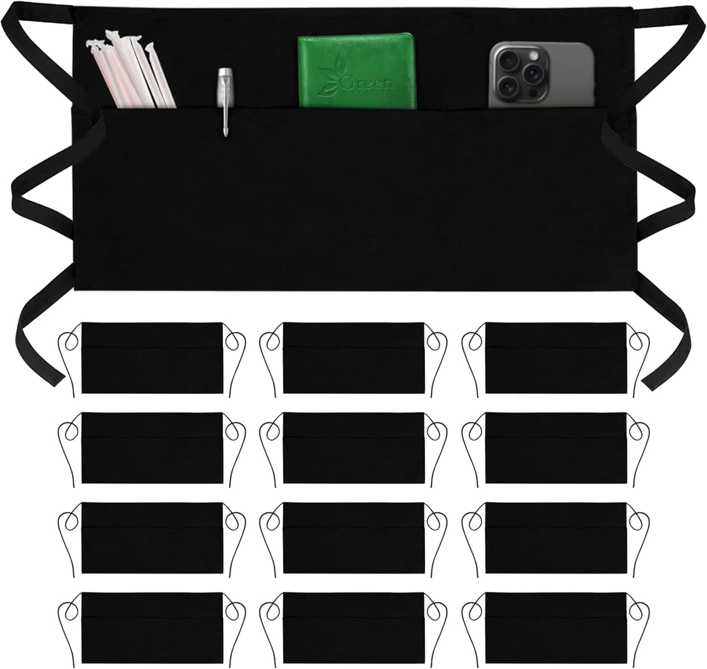 GREEN LIFESTYLE Server Aprons with 3 Pockets - Waist Apron, Waitress Apron for Women and Man, Water Resistant with Long Waist Strap Reinforced Seams, Half Apron (12 Pack - Black)