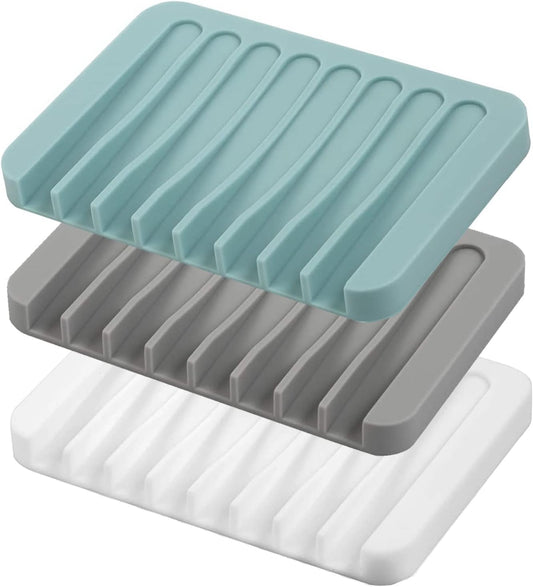 Self Draining Soap Dishes, 3 Pcs Silicone Soap Saver, Waterfall Drainer Soap Holder for Bathroom, Extend Soap Life, Keep Soap Bars Dry Clean & Easy Cleaning (White, Gray, Teal)