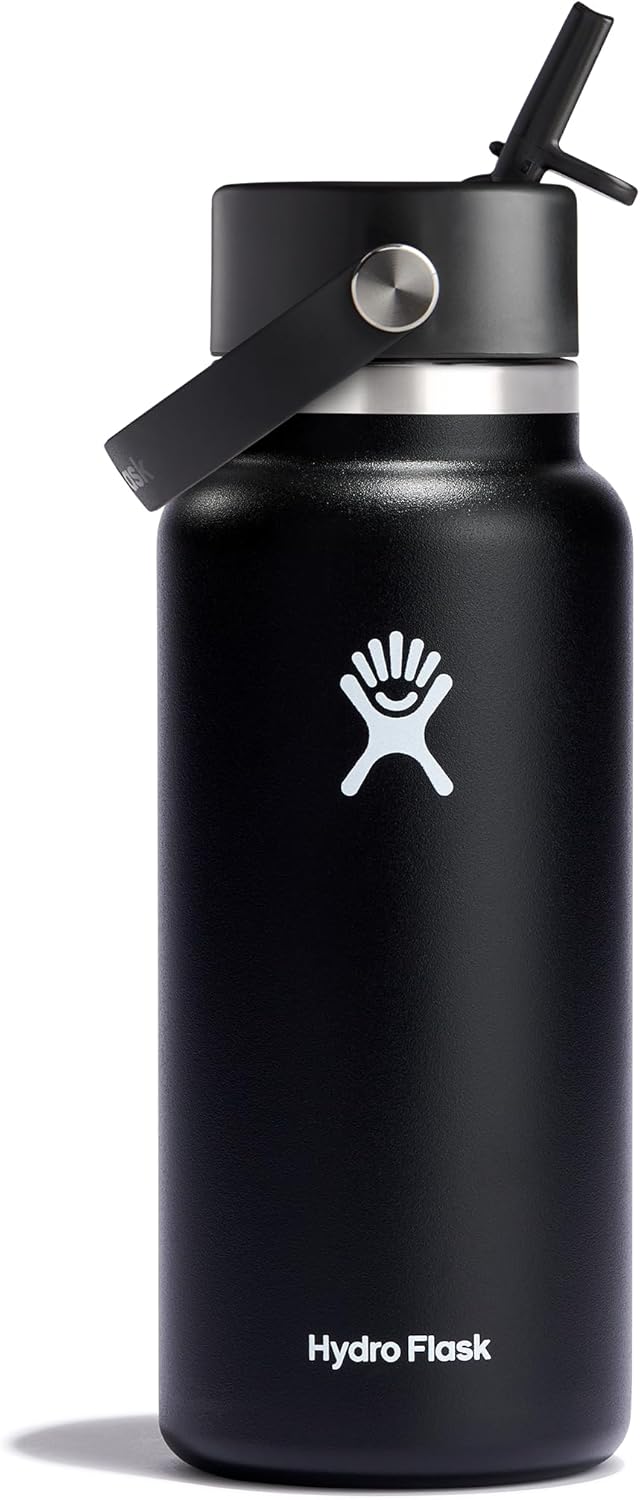 Hydro Flask Water Bottle - Insulated Stainless Steel - Wide Straw Lid, Non Spill, Leakproof in 32 Oz Black