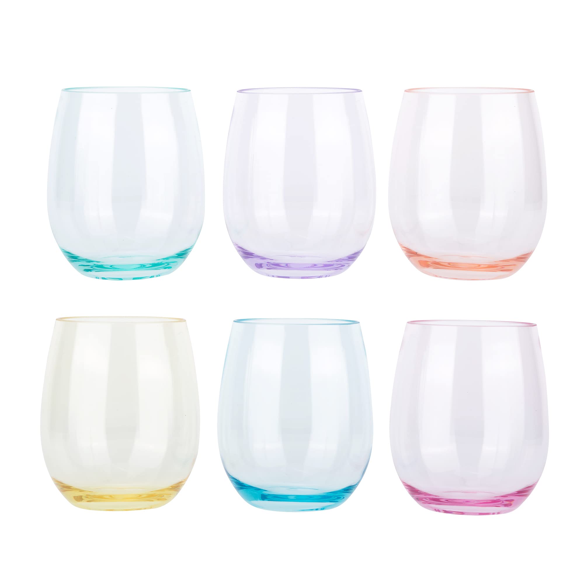 KOXIN-KARLU Classic 18-ounce Acrylic Stemless Wine Glasses, Unbreakable Mixed Drinkware Plastic Tumbler, set of 6 Mutlicolor
