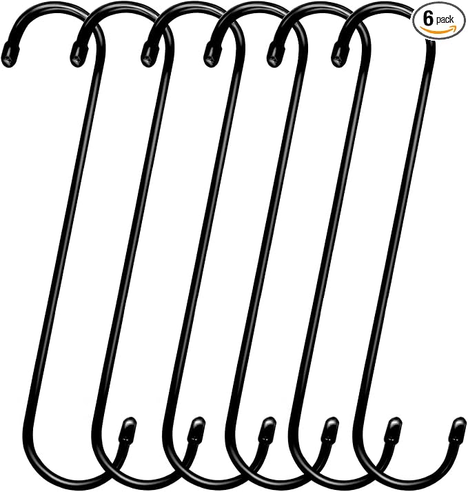 ESFUN 6 Pack 12 inch Extra Large S Hooks Black Heavy Duty Long S Hooks for Hanging Plant Extension Hooks for Kitchenware,Utensils,Pergola,Closet,Flower Basket,Garden,Patio,Indoor Outdoor Uses