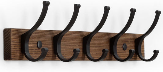 Coat Rack Wall Mount, 16.5 Inches Wood Coat Hooks, Wall Hooks for Hanging, Hat Rack Bag Hanger Key Holder for Wall, Purse Hanger Towel Racks for Bathroom (1Pack, Brown)