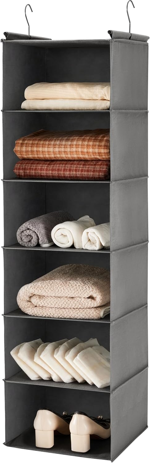 MAX Houser 6 Tier Shelf Hanging Closet Organizer, Closet Hanging Shelf with 2 Sturdy Hooks for Storage, Foldable (Grey)