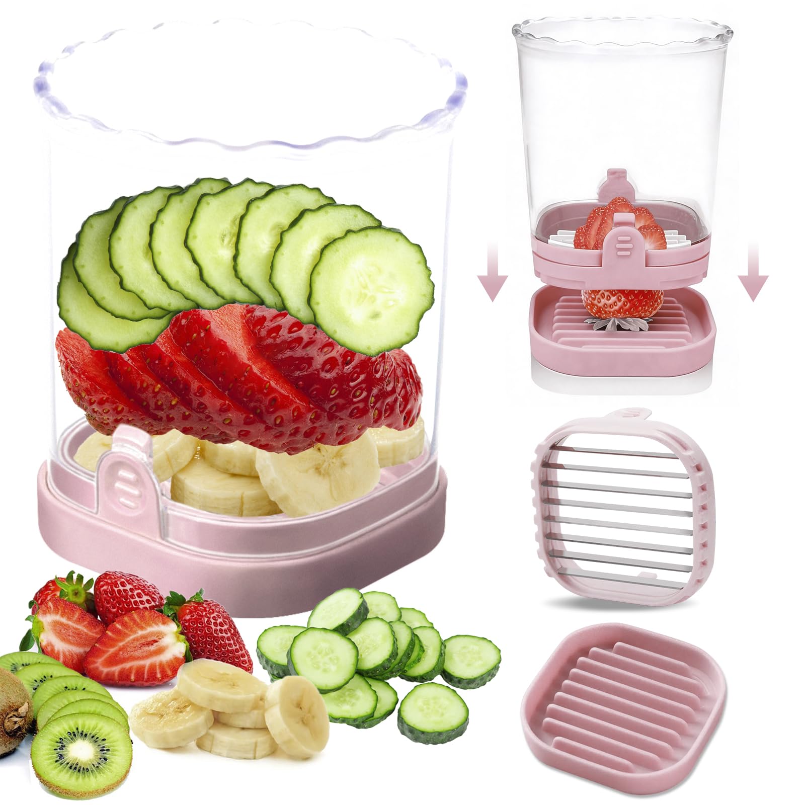 Strawberry Slicer：Fruit Slicer Cup Veggie Salad Speed Cutter for Strawberries Egg Banana Mushroom Cucumber Kiwi the Kitchen Portable Slicing Tool (Pink)