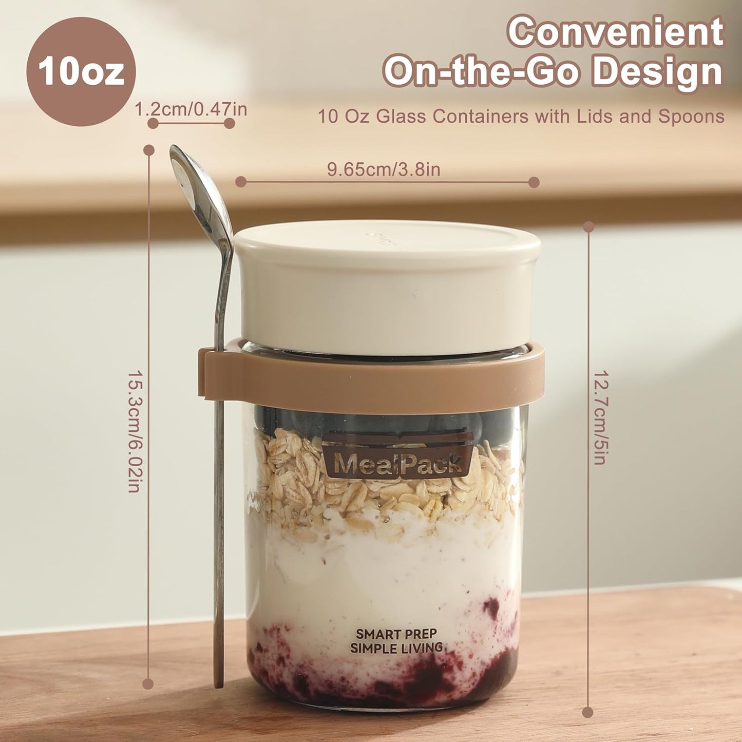 Overnight Oats Containers with Lids and Spoons (4 Pack) – 12oz Glass Jars for Yogurt Meal Prep, Chia Pudding & Snacks – Leakproof Airtight Mason Jar Set – Portable Food Storage with Cleaning Brush