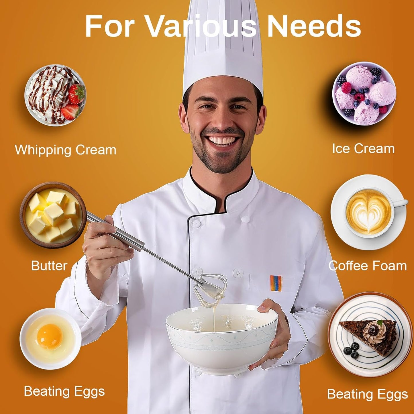 Stainless Steel Semi-Automatic Whisk, 2024 New Stainless Steel Egg Whisk Hand Push Rotary Whisk Blender, Hand Push Mixer Stirrer Tool for Cooking Kitchen Home Egg Milk (10in)