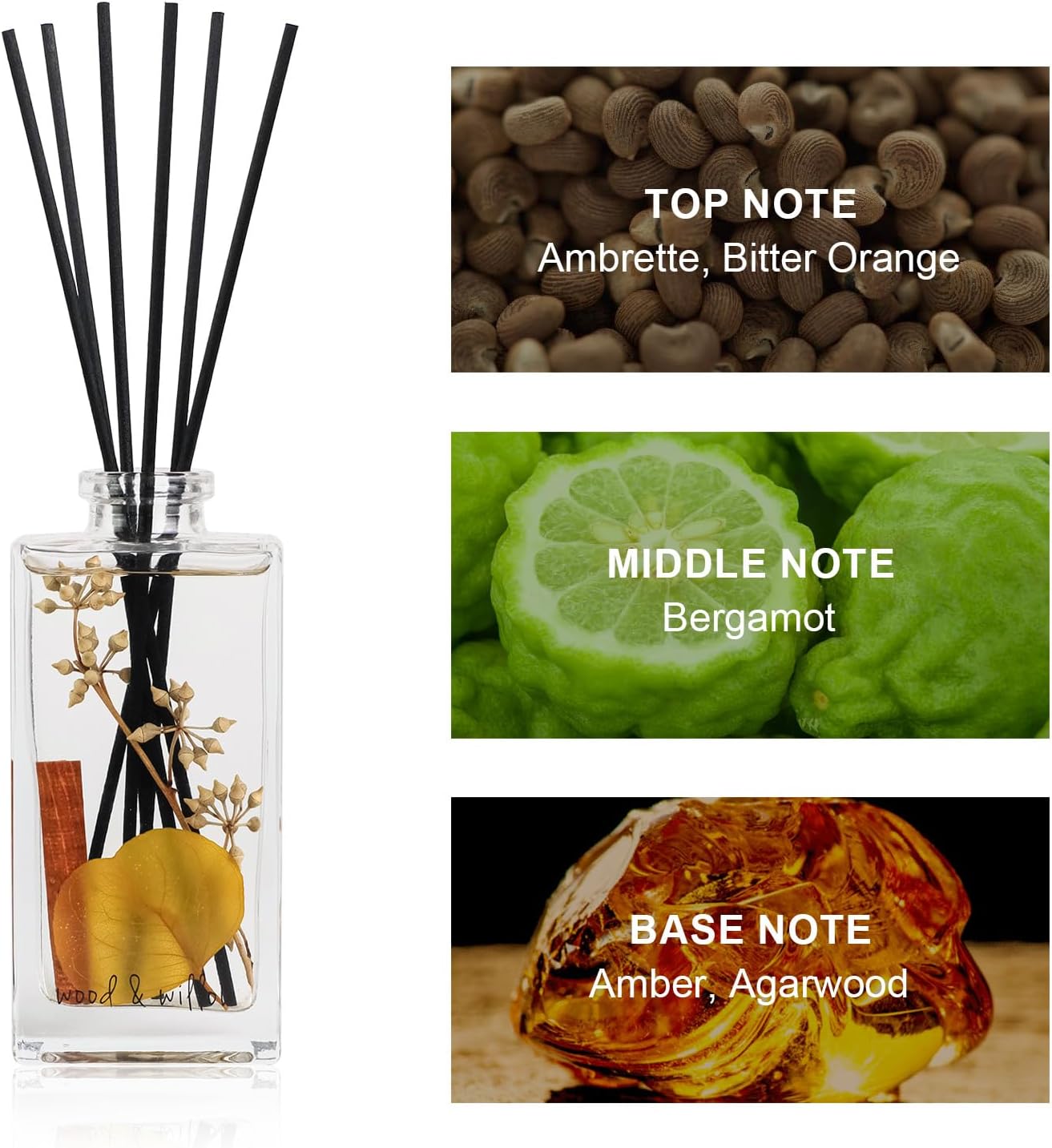 Wood & Willow Reed Diffuser Set with Dried Flowers, 5 fl. oz., Long-Lasting Home Fragrance - Wild Rose & Oud, Red Berry & Oak, Bergamot & Amber, Decorative Floral Design (Bergamot & Amber)