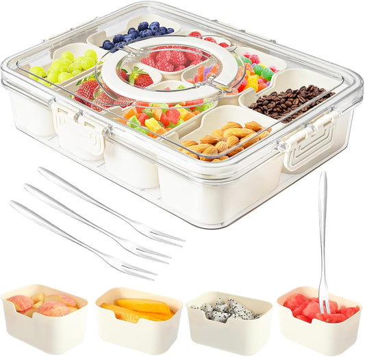 Snackle Box Container,Portable Snack Box 8 Compartment Divided Serving Tray with Lid,Clear Storage Organizer for Fruit Candy Nuts Veggie-Perfect for Road Travel Party (1 Pack-8 Compartments)
