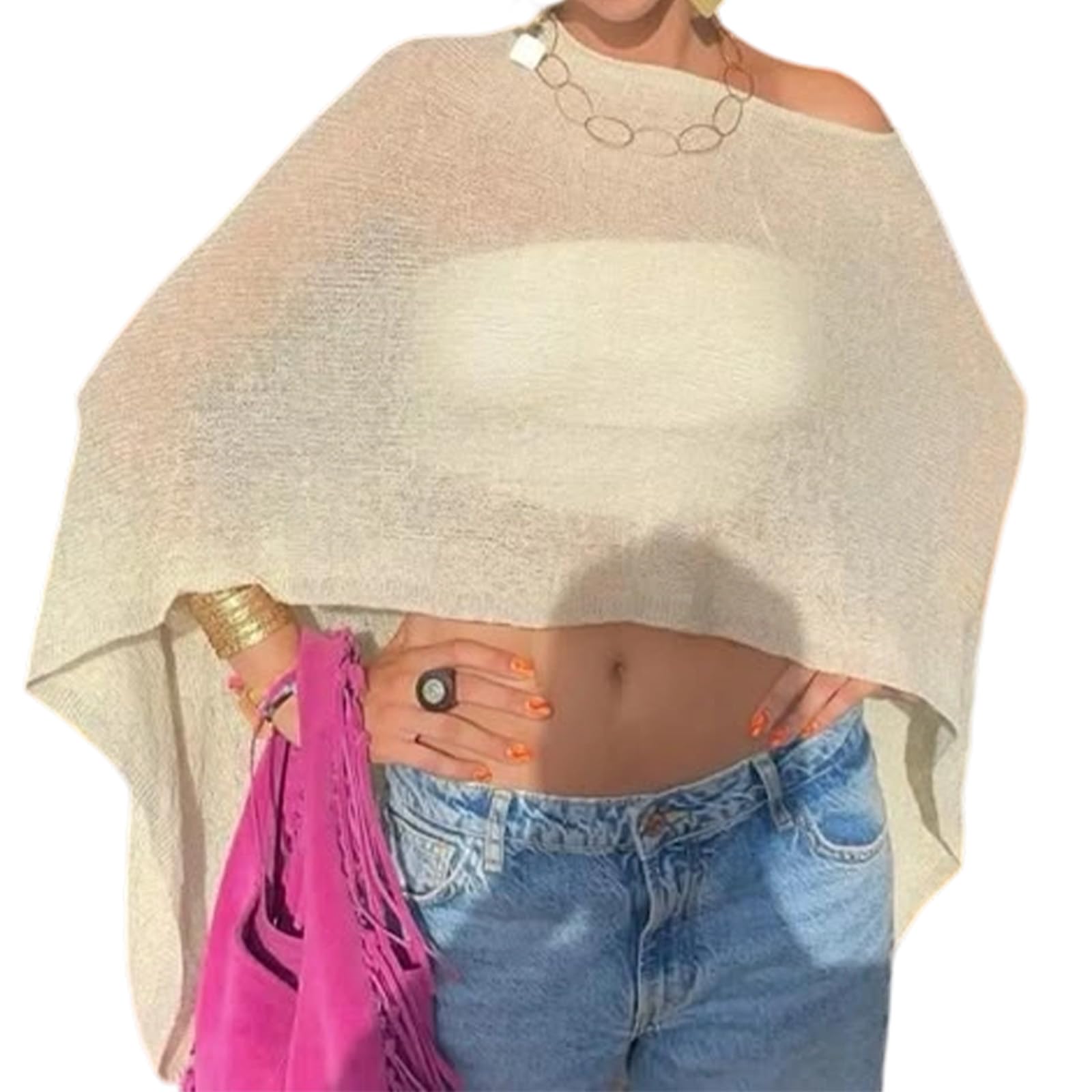 Women Sheer Poncho Top Lightweight Knit Crochet Shrug Bolero Mesh Batwing Sleeve Sweater Cover Up Beachwear
