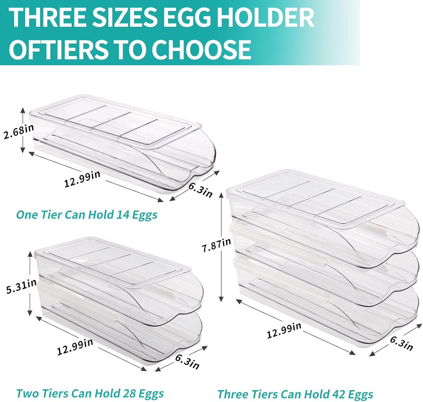 Egg Holder for Fridge, Automatic Rolling Egg Container for Refrigerator, Stackable Fridge Organizers and Storage with Lid, Clear Plastic Egg Dispenser & Tray (2 Tier)