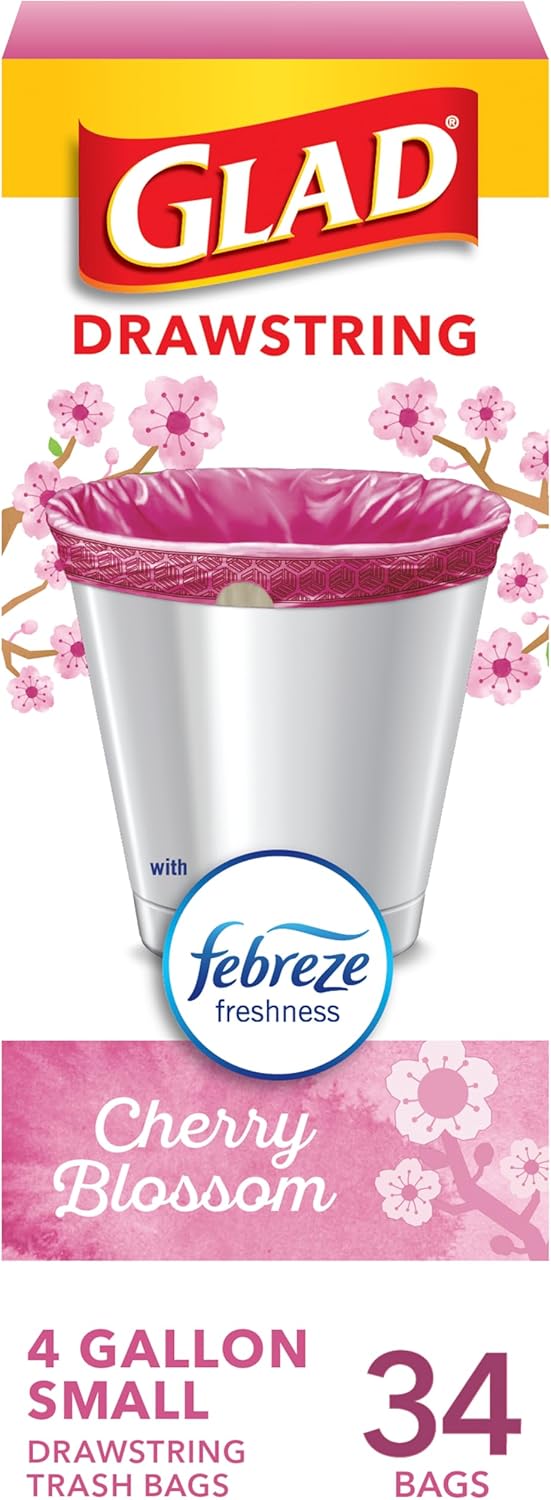Glad Small Trash Bags 4 Gallon, Febreze Cherry Blossom Garbage Bags, Odor Resistant with Drawstring, 34 Count