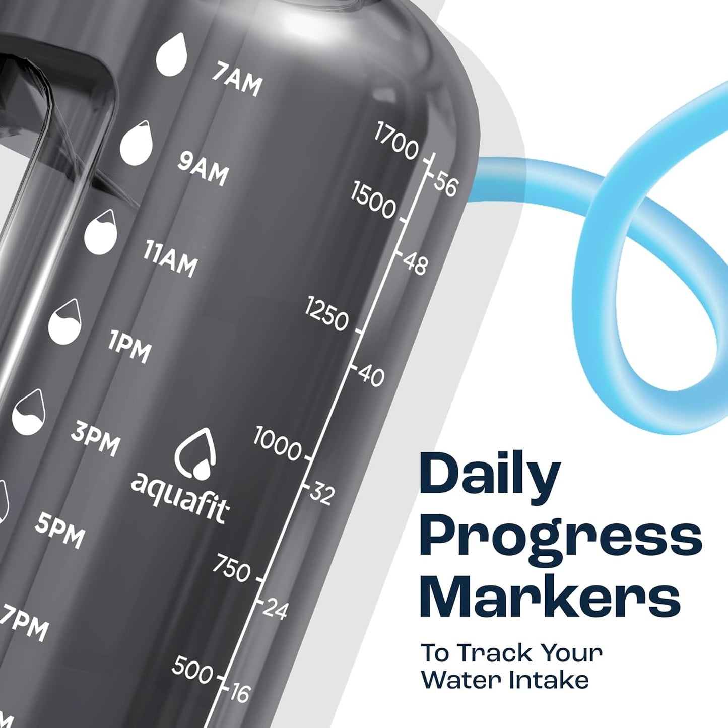 AQUAFIT 64 oz Water Bottle with Time Marker - Straw & Chug Lid - BPA Free Half Gallon Gym Water Bottle with Handle - Big Gallon Jug (Gray, 64 Ounces)