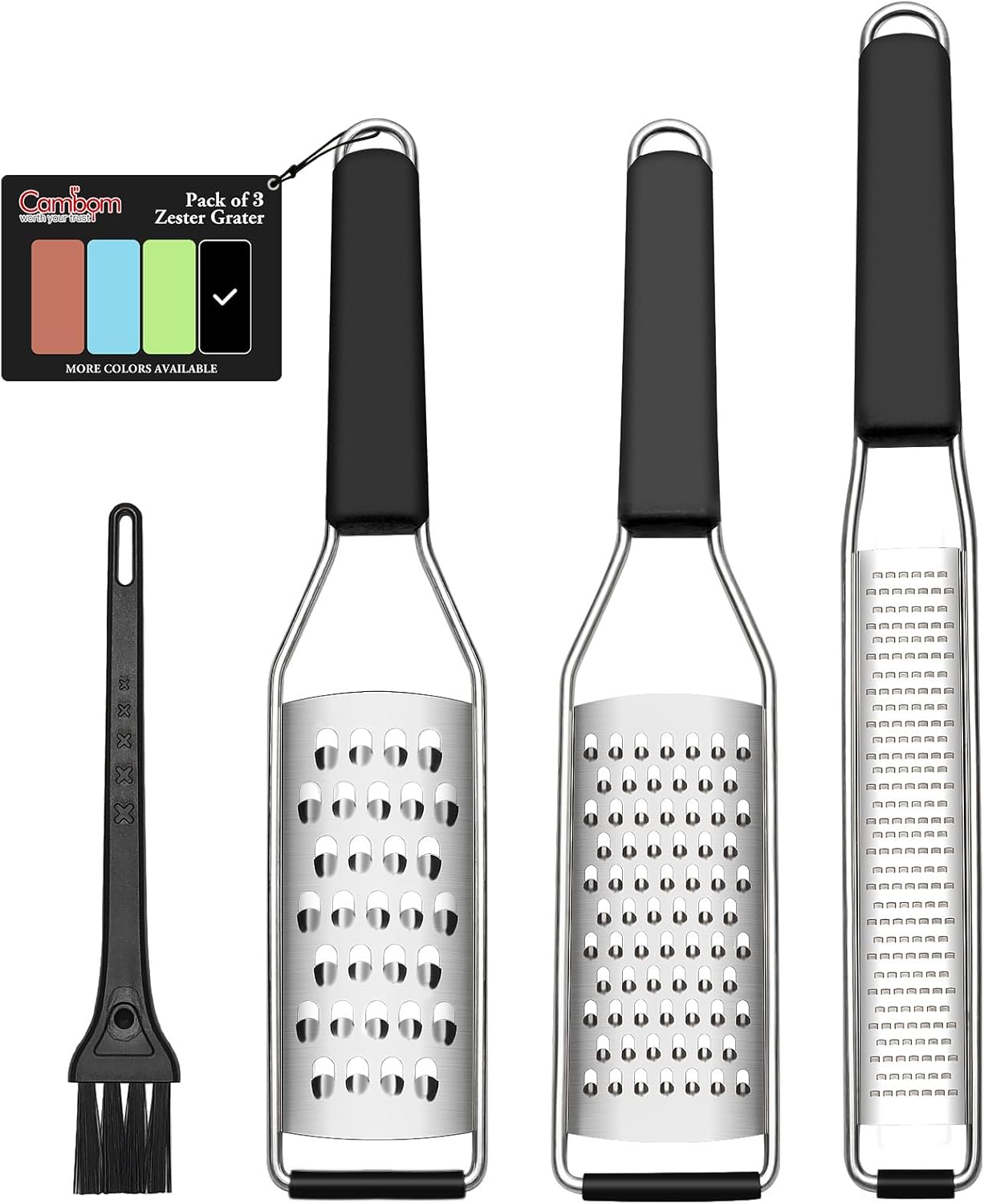 Cambom Lemon Zester Grater Three-piece Suit - Heavy Duty Kitchen Tool for Parmesan Cheese, Ginger, Garlic, Nutmeg, Chocolate, Vegetables，Fruits，Stainless Steel Grater Dishwasher Safe Black