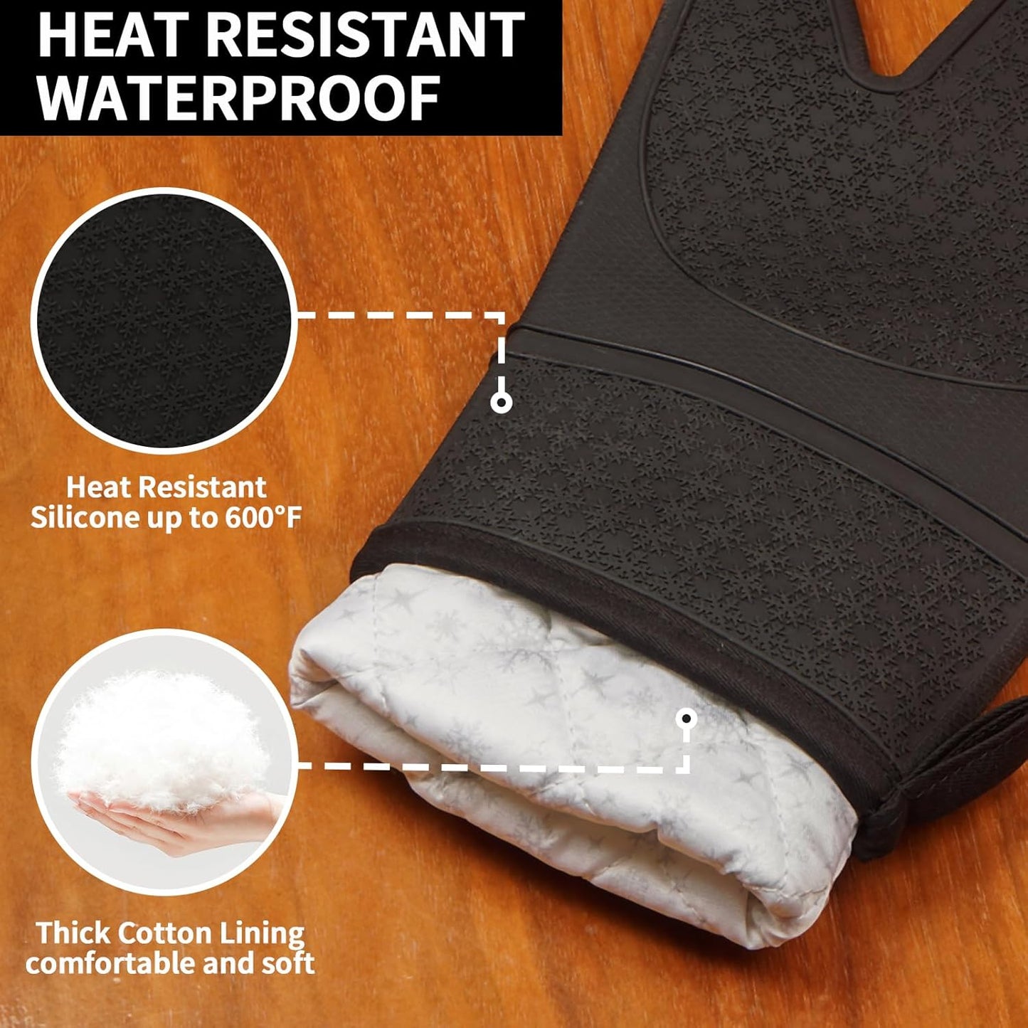 Hovico Silicone Oven Mitts, Heat Resistant 500F Kitchen Mitts 2PCS, 11.6" BPA-Free Soft Baking Gloves, Non-Slip Grip Oven Gloves with Soft Cotton Lining for Kitchen Cooking Baking BBQ - Black