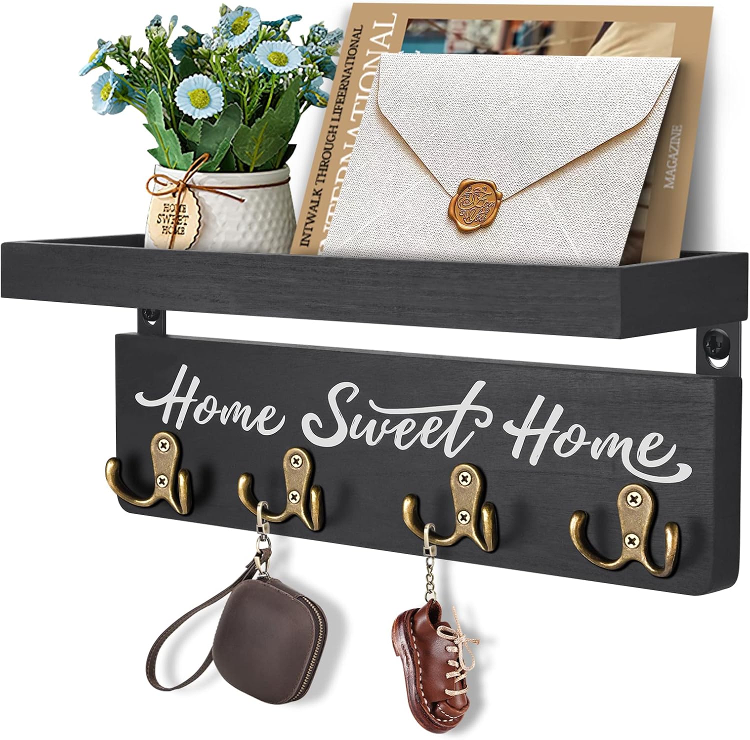 buways Key Holder for Wall Decorative, Rustic Wooden Key Hanger for Wall with 4 Double Key Hooks, Farmhouse Key Holder Rack and Mail Organizer for Home Entryway Decor(Black)